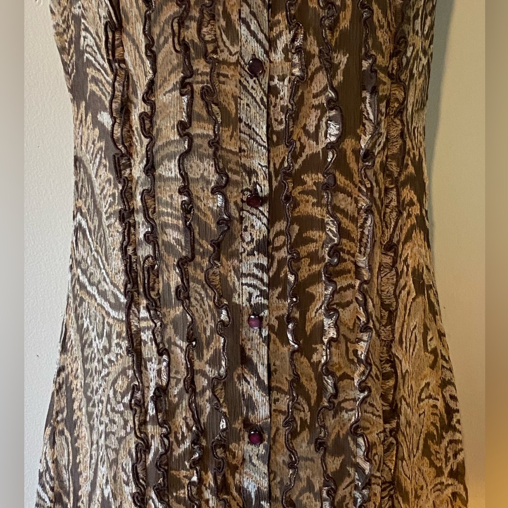 FINAL PRICE Oscar de la Renta sheer button down dress,tan/brown paisley,ruffle 4 - Picture 5 of 11